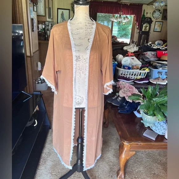 NWT LuLaRoe Womens Chloe Kimono Sz S Brown w White Lace Trim Short Sleeve NWT - Picture 8 of 16